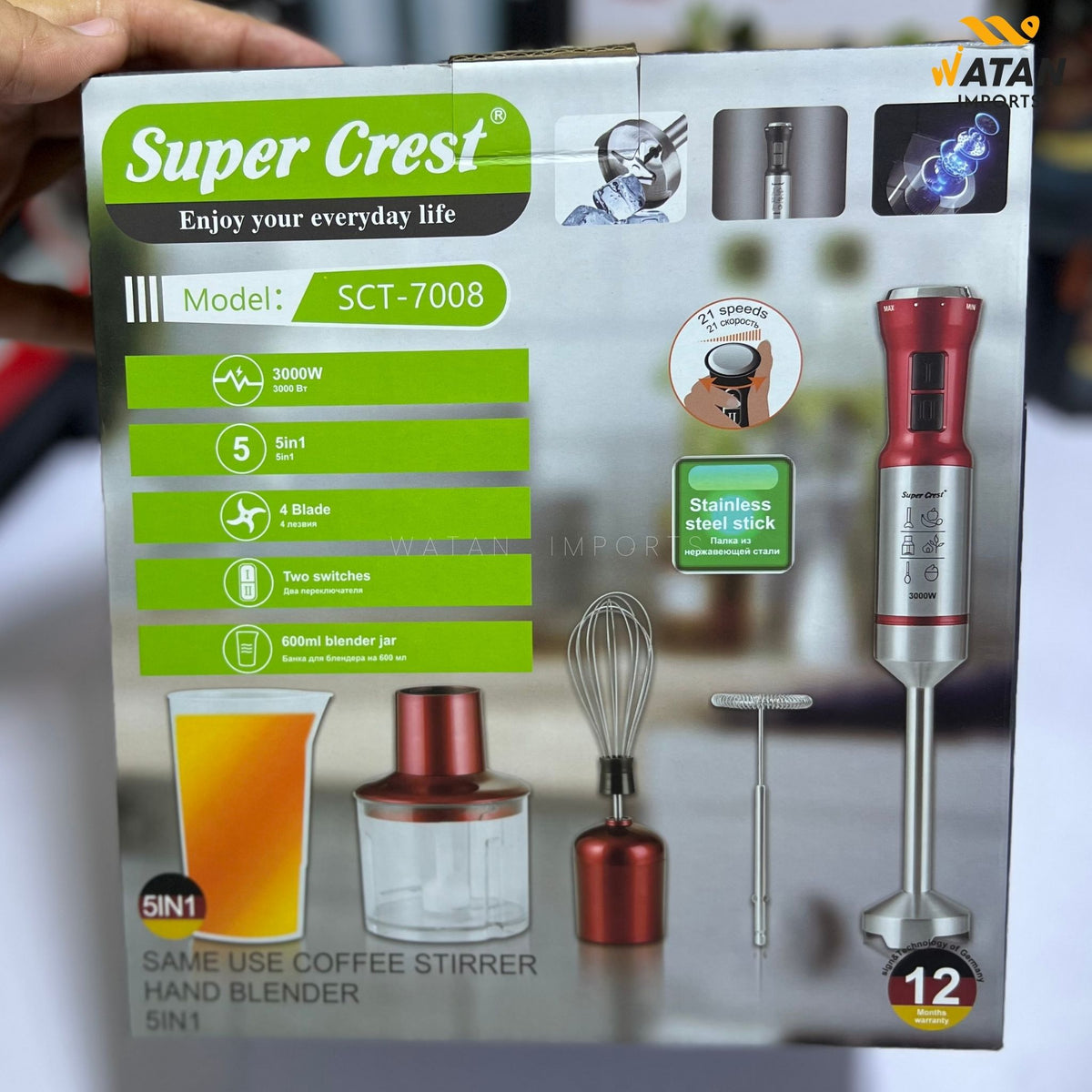 Super Crest 5-in-1 Hand Blender- Model SCT-7008 | 3000W | Stainless Steel
