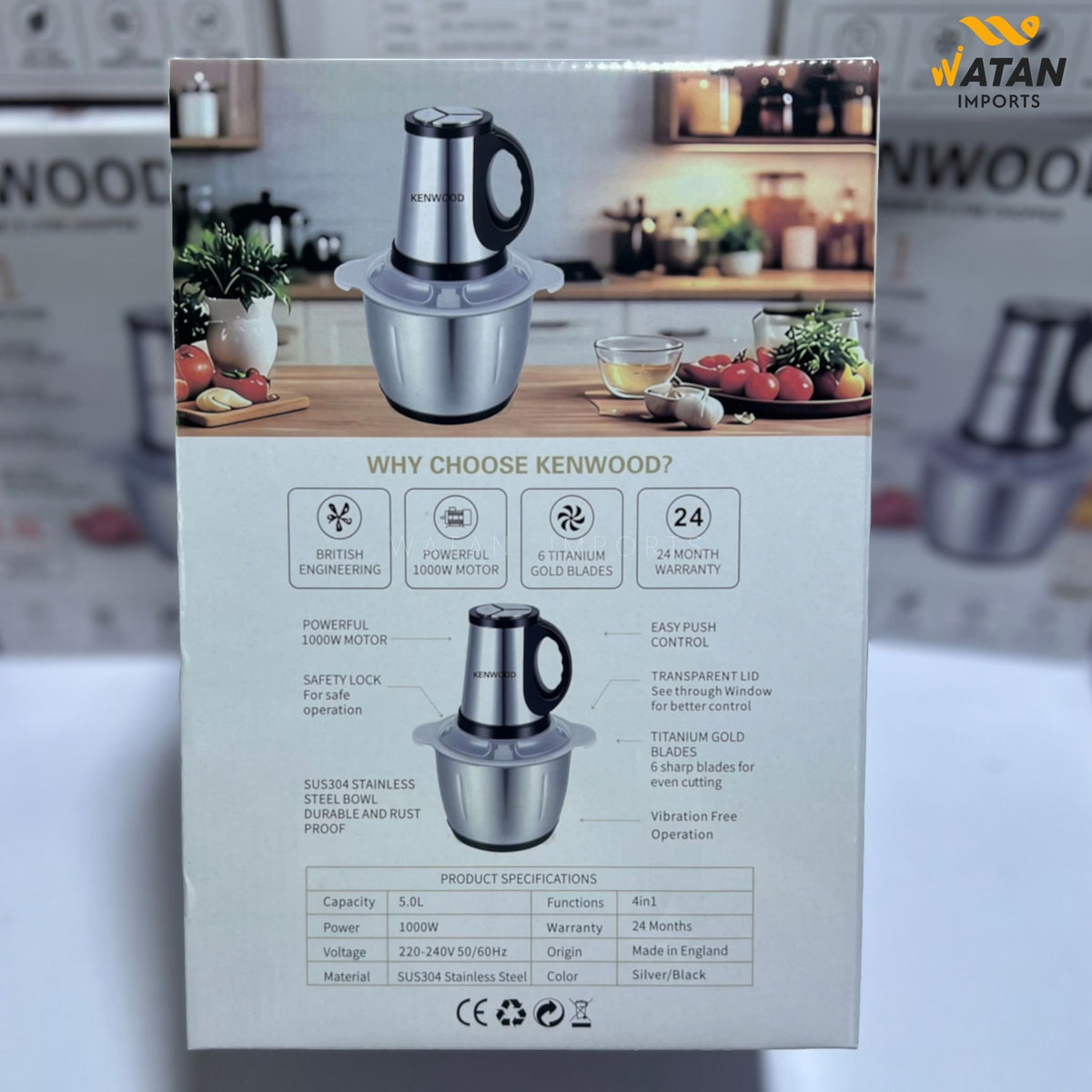 Kenwood 4-in-1 Food Processor | 5L Large Capacity | 1000W Copper Motor | 6 Titanium Gold Blades