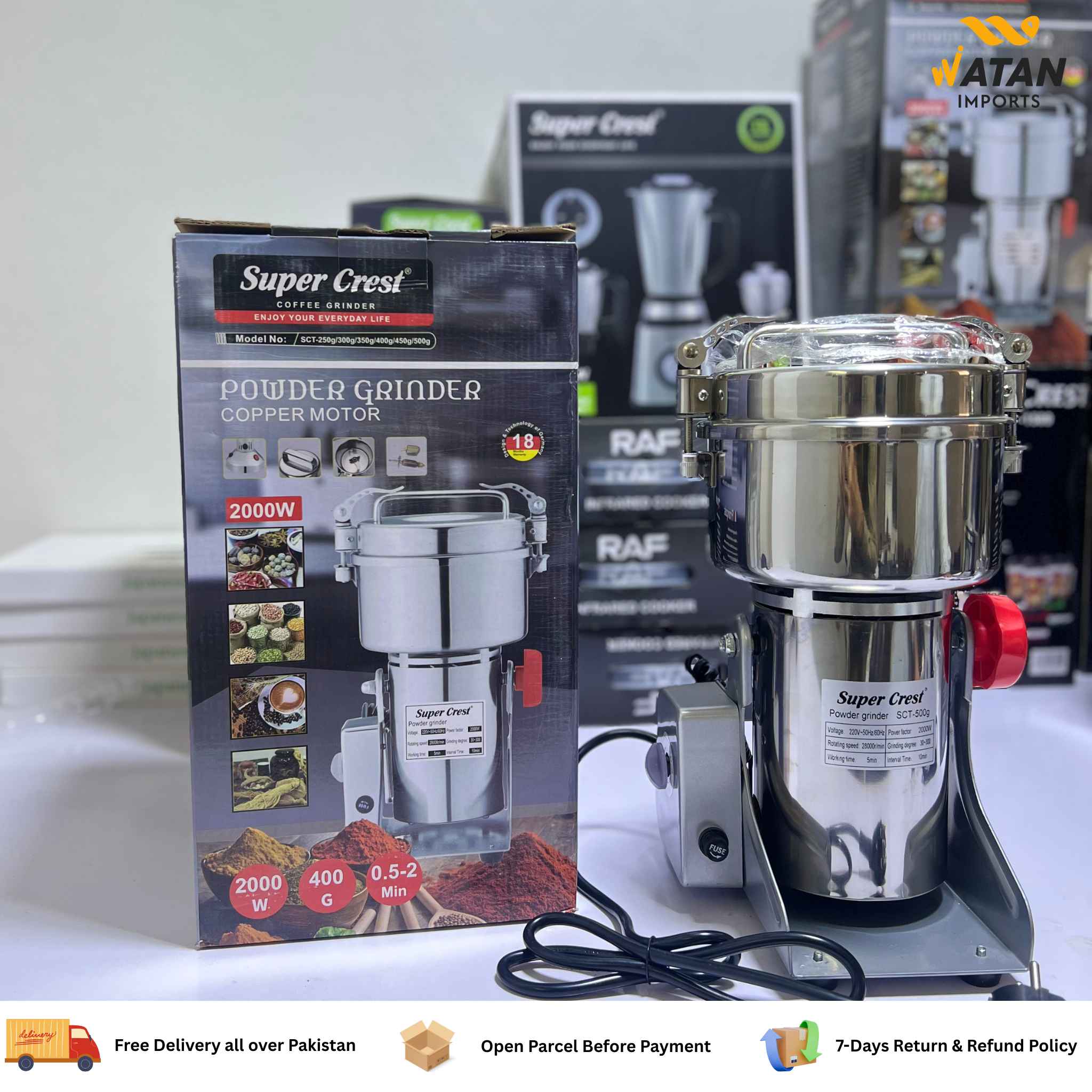 Super Crest 500gm Commercial Electric Powder Grinder | 2000W High-Speed Spice & Grain Mill Machine