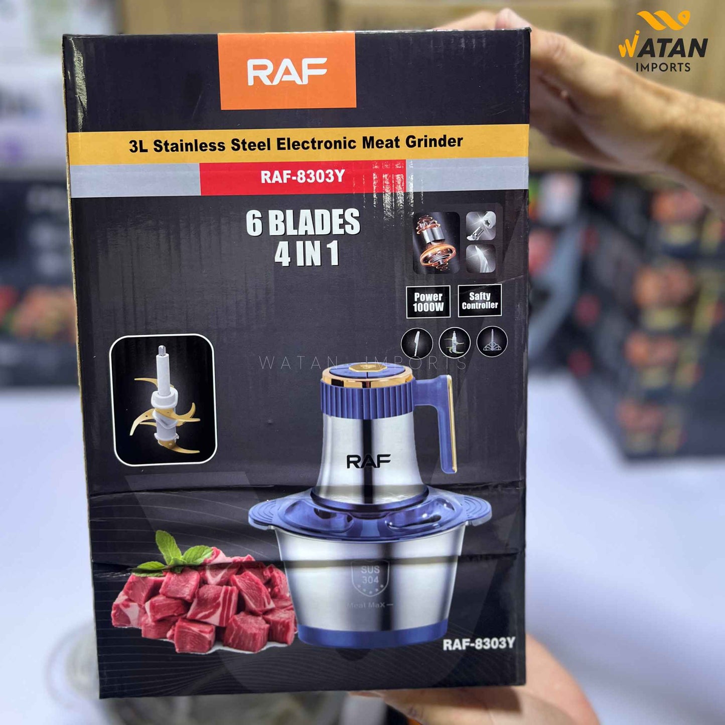 RAF Meat Chopper 3L 1000W – 304 Stainless Steel Bowl with 6 Golden Blades