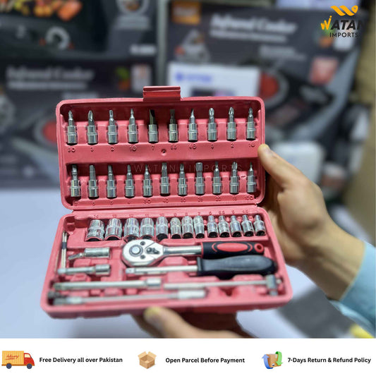 46 pcs Socket Wrench Set 1/4'Drive Metric Mechanic Tools Kit Bit Ratchet Sockets with Extension Bar for Automotive, Car, Bike, Household and Auto Repairing with Storage Case