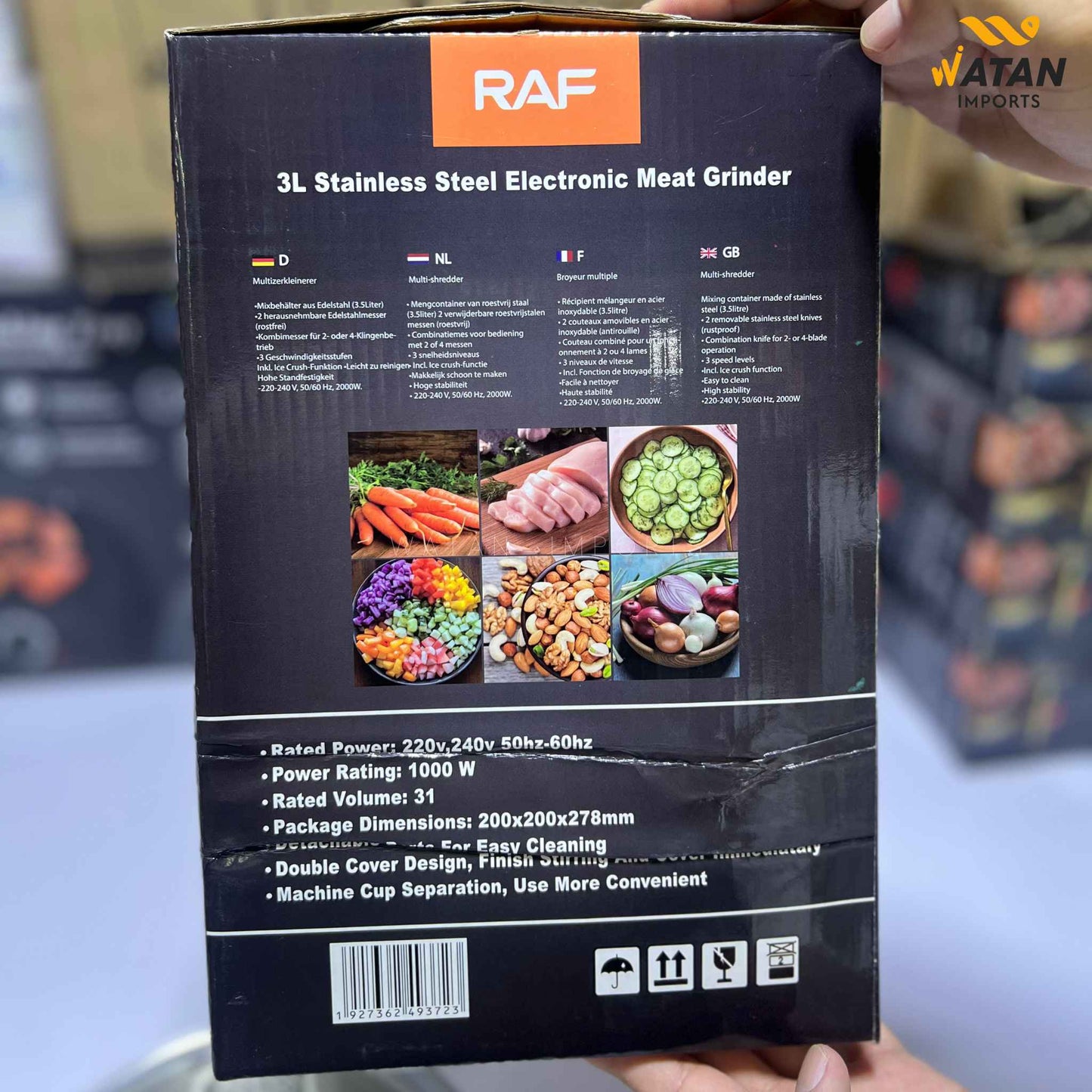RAF Meat Chopper 3L 1000W – 304 Stainless Steel Bowl with 6 Golden Blades