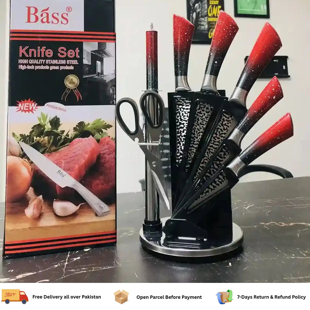 Bass Kitchen Knife Set 8 Pieces with Rotating and Folding Stand