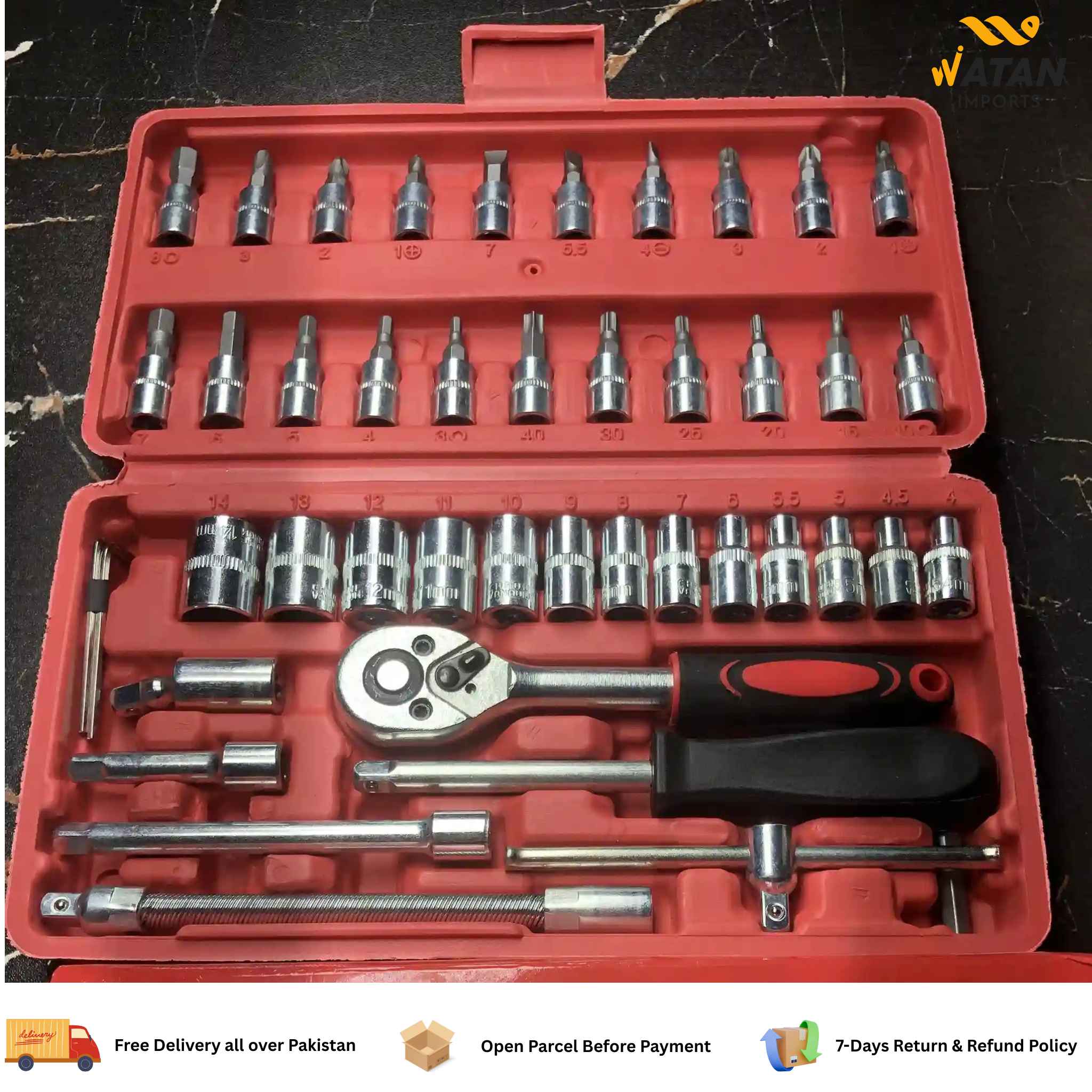 46 pcs Socket Wrench Set 1/4'Drive Metric Mechanic Tools Kit Bit Ratchet Sockets with Extension Bar for Automotive, Car, Bike, Household and Auto Repairing with Storage Case