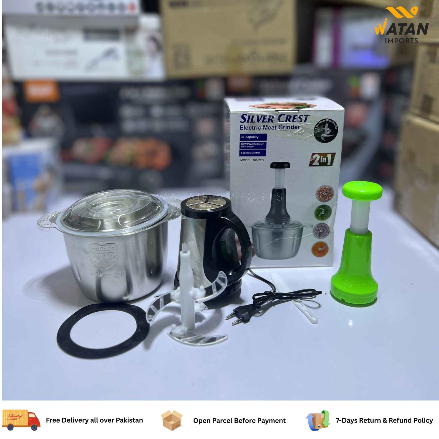 Silver Crest 2 in 1 Chopper – 3L Stainless Steel Bowl | 300W Powerful Motor | Electric + Manual Shaft