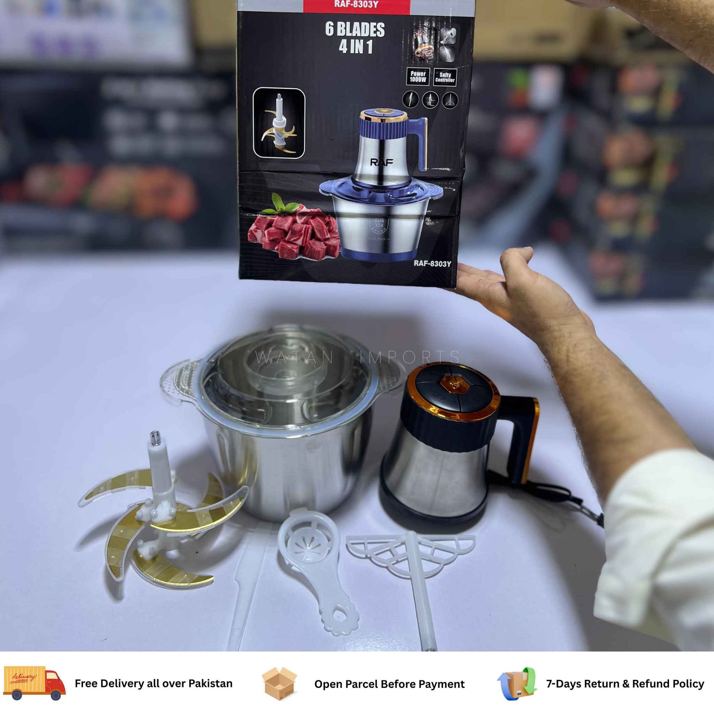 RAF Meat Chopper 3L 1000W – 304 Stainless Steel Bowl with 6 Golden Blades