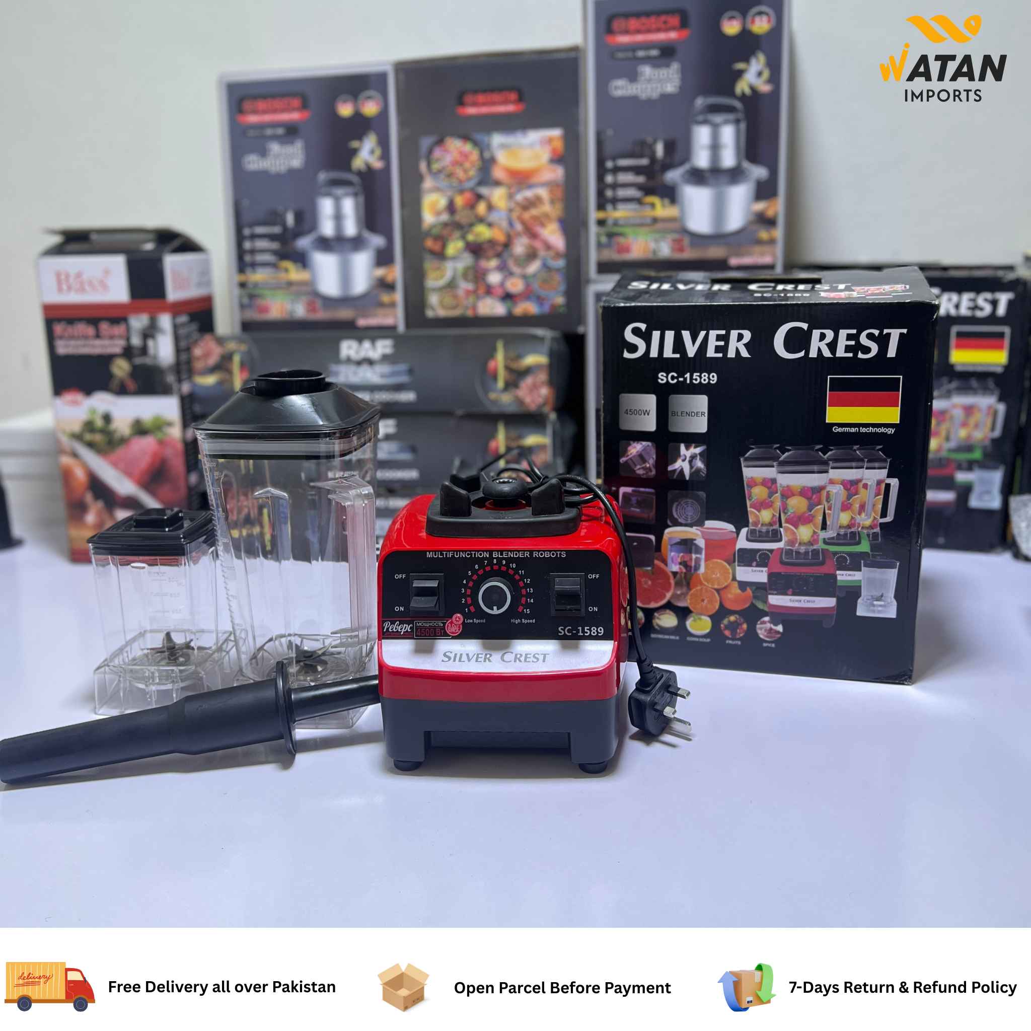 Silver Crest Heavy Duty German Powerful Blender 2 in 1 4500 Watts Power Full Motor 2.0l Large Capacity Unbreakable Jug and 600ml Chopper Multifunctional Blender for Smoothie Milkshake Juicer Ice Crusher Electric Grain Grinder 15 Rotating Speeds, Red