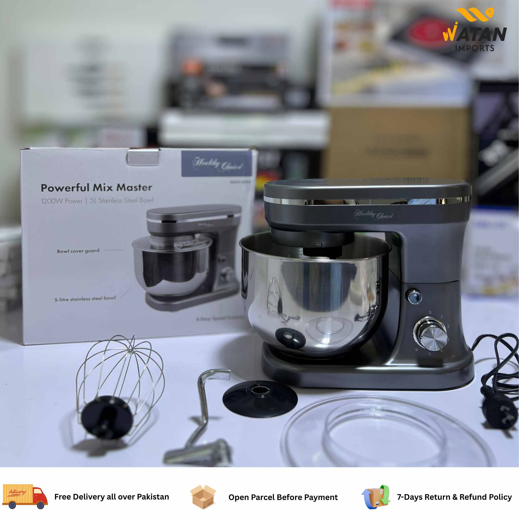 Lenox Kitchen Stand Mixer 1200 Watt with 5 Liter Stainless Steel Bowl | Dough Hook, Whisk & Beater