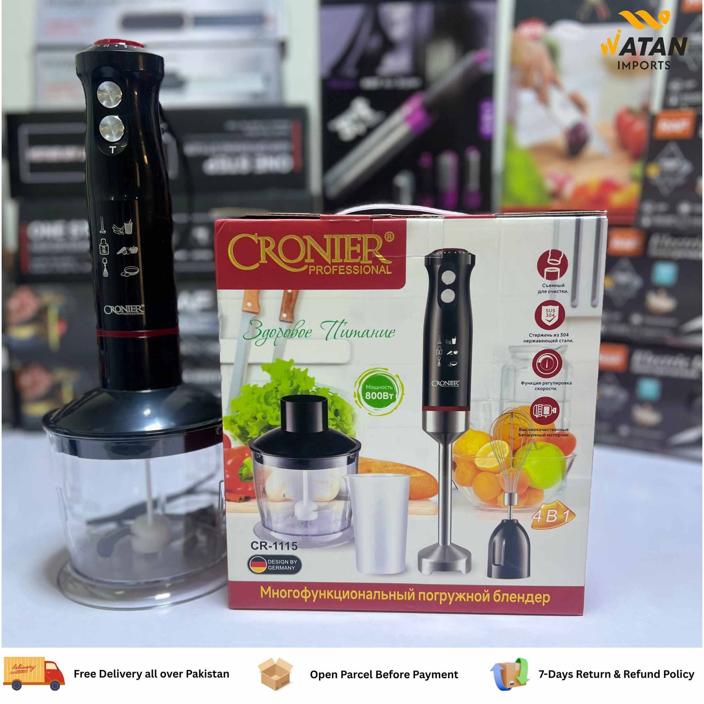 Cronier 4-in-1 Hand Blender | Multipurpose Stick Blender with Chopper, Whisk & Beaker – Powerful Kitchen Appliance