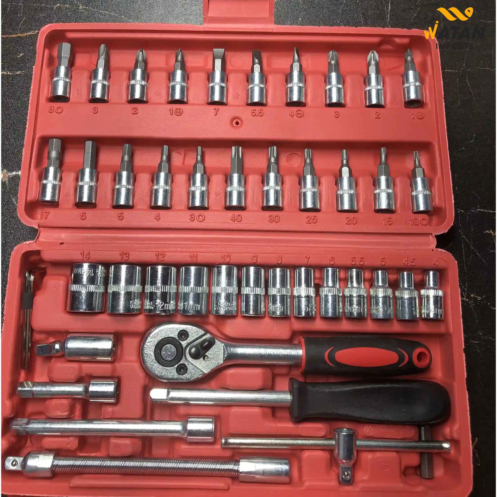 46 pcs Socket Wrench Set 1/4'Drive Metric Mechanic Tools Kit Bit Ratchet Sockets with Extension Bar for Automotive, Car, Bike, Household and Auto Repairing with Storage Case