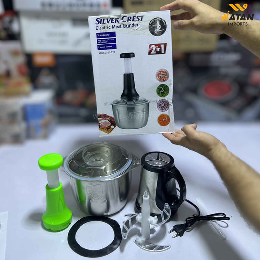 Silver Crest 2 in 1 Chopper – 3L Stainless Steel Bowl | 300W Powerful Motor | Electric + Manual Shaft