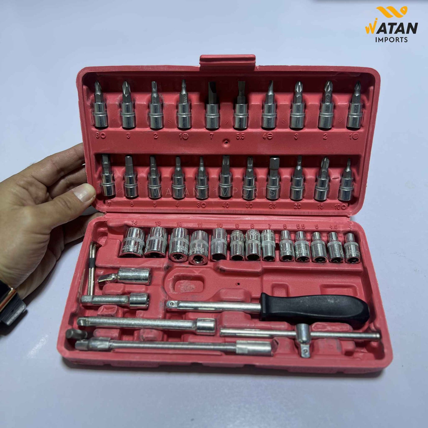46 pcs Socket Wrench Set 1/4'Drive Metric Mechanic Tools Kit Bit Ratchet Sockets with Extension Bar for Automotive, Car, Bike, Household and Auto Repairing with Storage Case