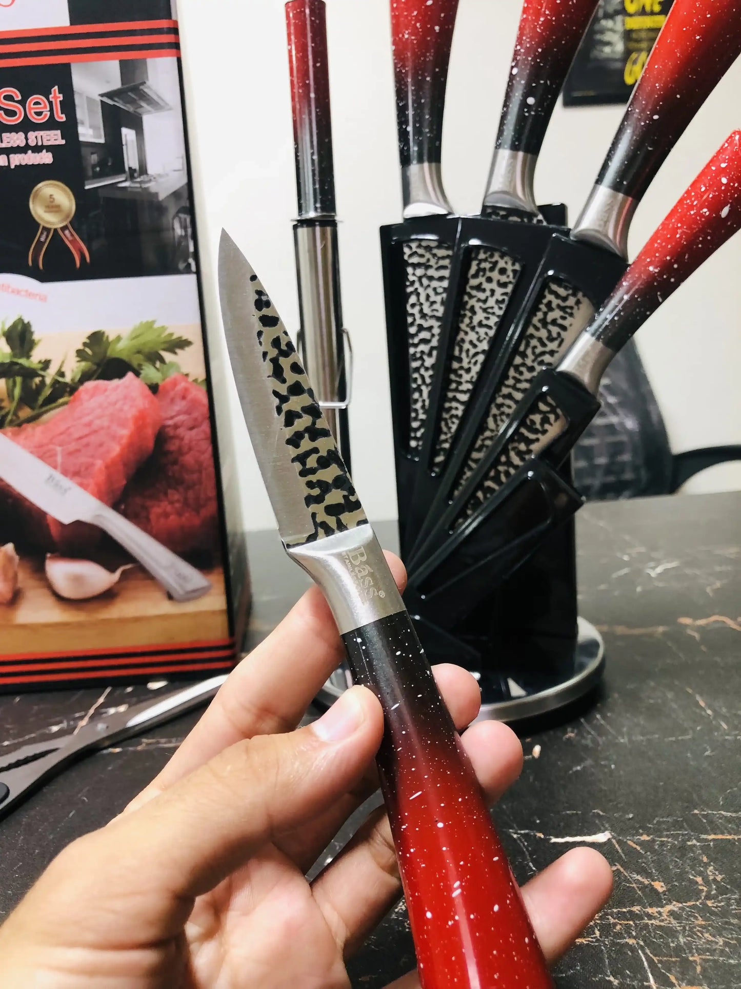 Bass Kitchen Knife Set 8 Pieces with Rotating and Folding Stand