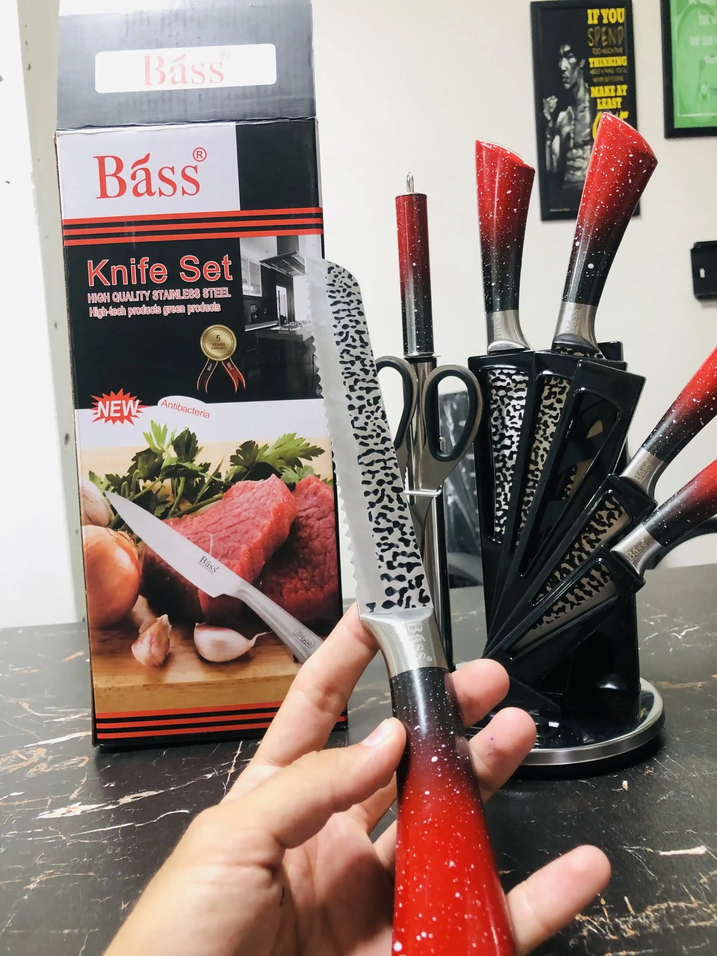 Bass Kitchen Knife Set 8 Pieces with Rotating and Folding Stand